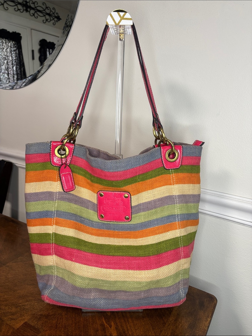 Coach HTF Legacy Striped Multicolor Woven Tote Bag with Pink Patent Leather Trim - Picture 4 of 16